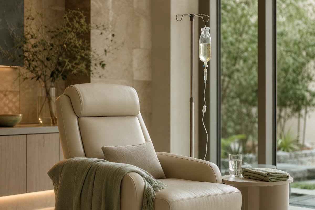 Private IV therapy lounge with a reclining chair, IV drip, and calm natural light