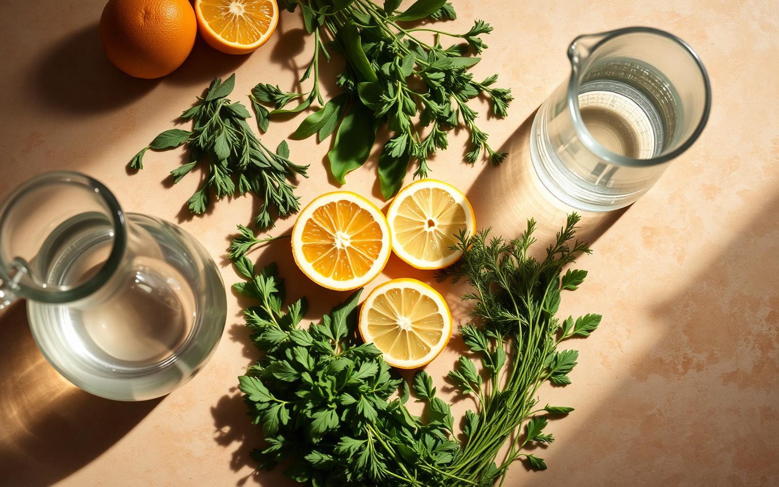 Fresh herbs, sliced citrus, and glass water carafes on a warm stone surface