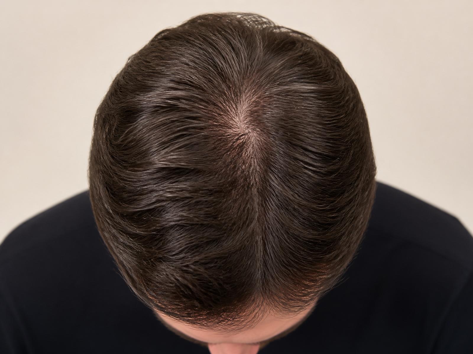 Overhead close-up of a man's scalp and hairline