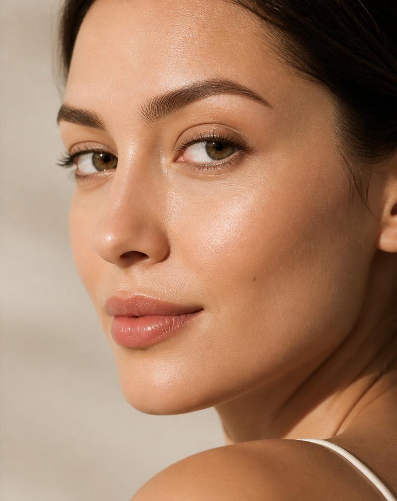 Close-up portrait of a woman with healthy, luminous skin